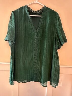 Women's Green Lace-Trim V-Neck Blouse